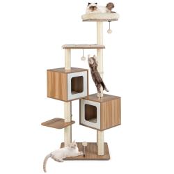 Arbre &agrave; chat multifonction 58 x 48 x 163 cm 3 plateformes 2 niches ambiance cosy en MDF naturel 20_