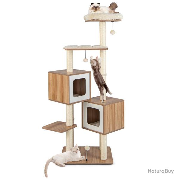 Arbre � chat multifonction 58 x 48 x 163 cm 3 plateformes 2 niches ambiance cosy en MDF naturel 20_