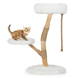 Arbre &agrave; chat tour 50 x 90 cm avec perchoir stable 3 niveaux tissu peluche blanc en bois de poirier
