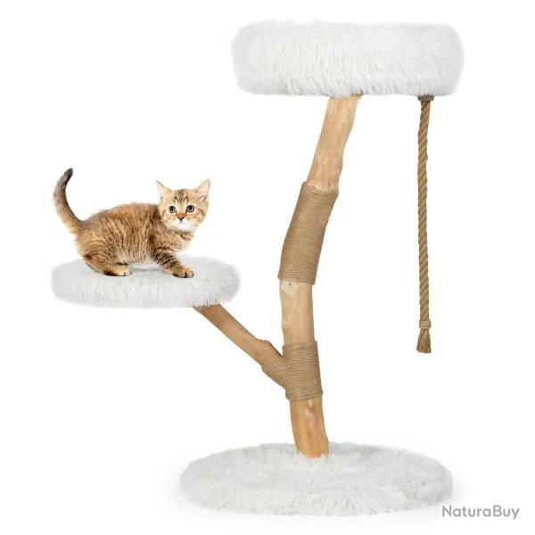 Arbre � chat tour 50 x 90 cm avec perchoir stable 3 niveaux tissu peluche blanc en bois de poirier