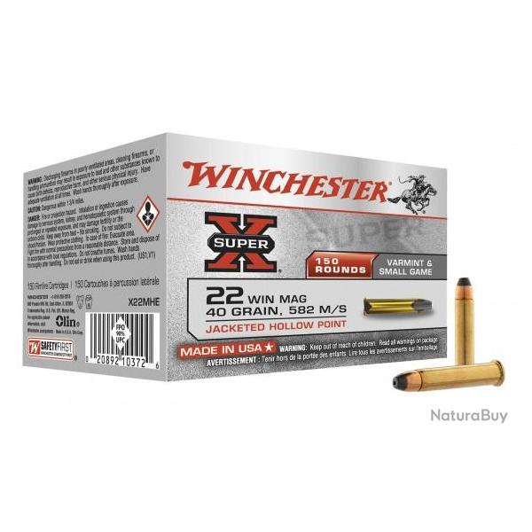Winchester Munitions Super X JHP Calibre 22 Magnum - 150 Pi�ces