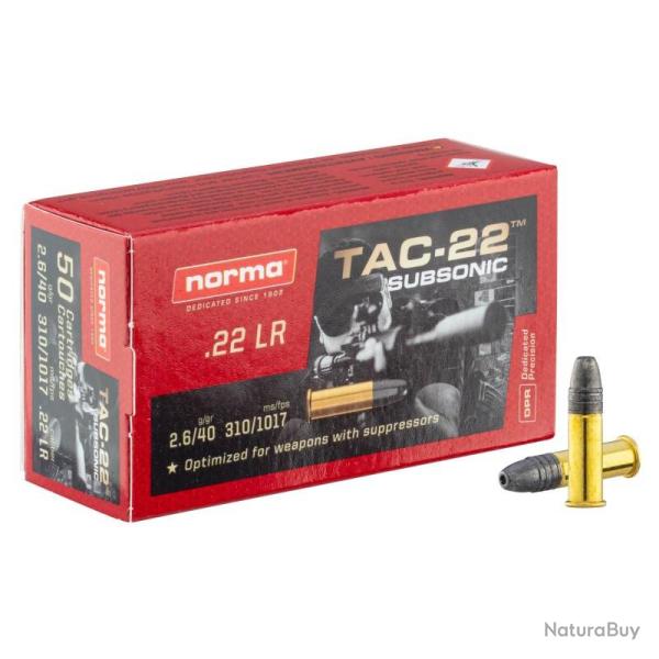 Cartouches .22 LR Norma TAC22 Subsonique 40GR X50