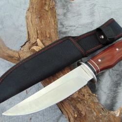 Grand couteau de chasse & survie - lame acier inox 14.5cm - manche bois - &eacute;tui