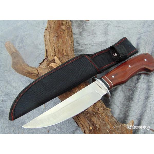 Grand couteau de chasse & survie - lame acier inox 14.5cm - manche bois - �tui
