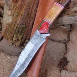 Poignard XXL Couteau Survie Damas Lame 256 Couches Clip Point Manche 3 Bois Fabr Artisanat Etui Cuir
