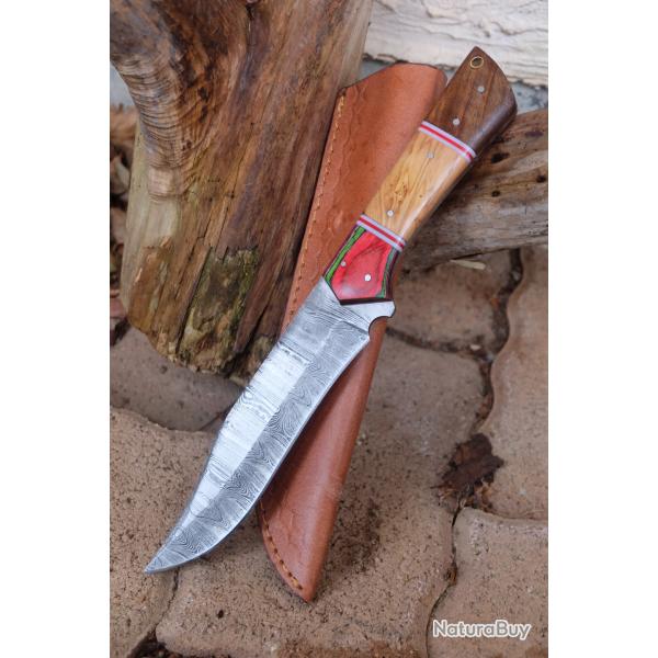 Poignard XXL Couteau Survie Damas Lame 256 Couches Clip Point Manche 3 Bois Fabr Artisanat Etui Cuir