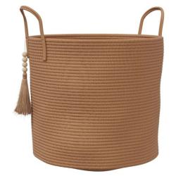 Panier rangement coton marron &Oslash;40x35 cm tress&eacute; pliable avec poign&eacute;es