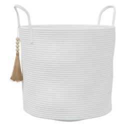 Panier rangement coton blanc &Oslash;40x35 cm tress&eacute; pliable avec poign&eacute;es