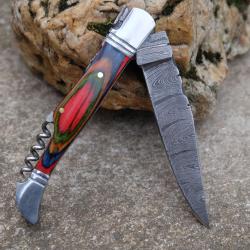 Couteau Damas Lame 128 Couches Fa&ccedil;on Laguiole Abeille Manche Arlequin Tire Bouchons F Artisanale