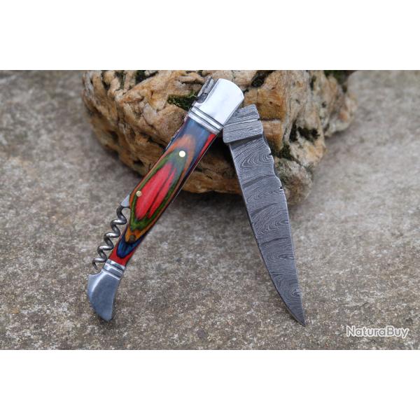 Couteau Damas Lame 128 Couches Fa�on Laguiole Abeille Manche Arlequin Tire Bouchons F Artisanale