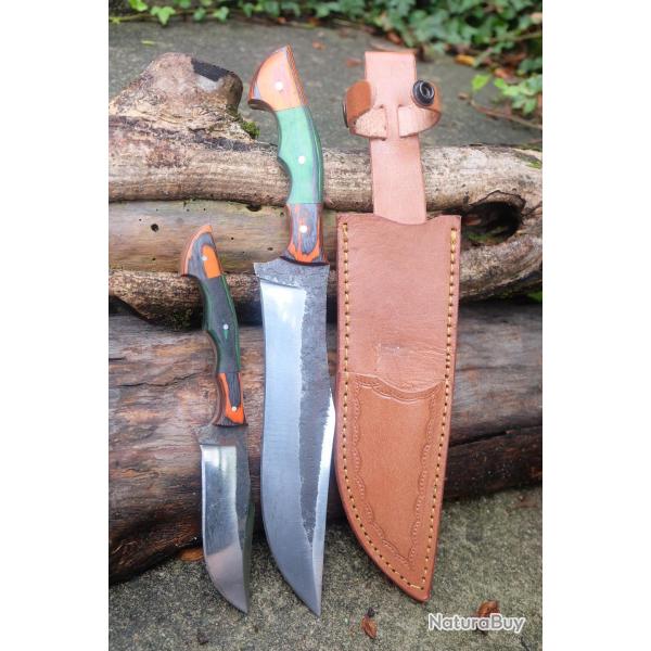 Set de 2 Couteaux Bushcraft Twin Hunter Lames Acier Carbone 1075 Manche Bois Etui Cuir F Artisanat