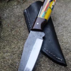 Couteau Skinner Bushcraft Lame Sheepfoot Acier Carbone 1075 Manche R&eacute;sine Etui Cuir Artisanale