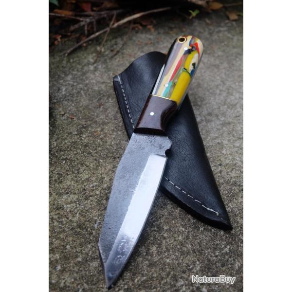 Couteau Skinner Bushcraft Lame Sheepfoot Acier Carbone 1075 Manche R�sine Etui Cuir Artisanale