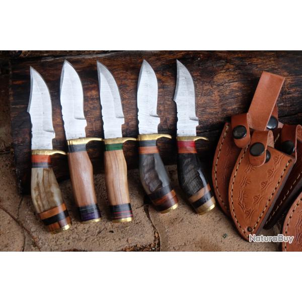 LOT DE 5 Couteau Skinner Damas Lame 256 Couches Manche Bois Corne de B�lier Fab Artisanale Etui Cuir