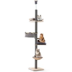 Arbre &agrave; chat du sol au plafond hauteur ajustable 236-271 cm 5 niveaux espace de jeu cosy en bois gr