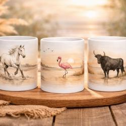 Mug Camargue 325 ml - Cheval, Taureaux et Flamant rose couch&eacute; de soleil