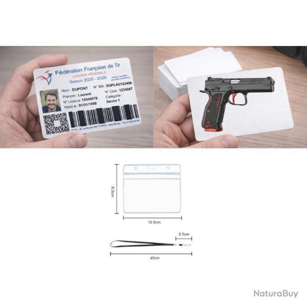 Licence de tir couleur sur carte en aluminium (Recto / Verso) + Porte badge tour de cou