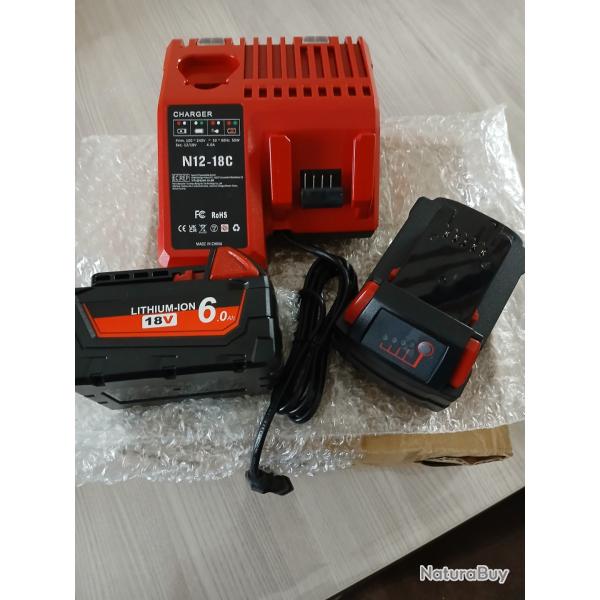 Lot un chargeur 3A pour batterie Milwaukee M18 M12 et 2 batteries 18V 6 Ah NEUF