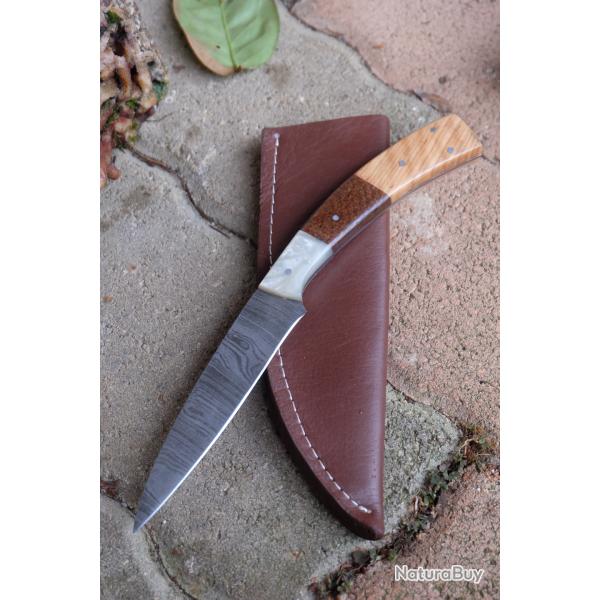 Skinner Couteau de Rando Cuisine Damas Lame 256 Couches Manche Bois/R�sine Fab Artisanale Etui Cuir