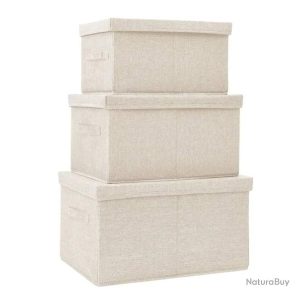Bo�tes rangement empilables tissu cr�me 3 tailles pliables avec poign�es