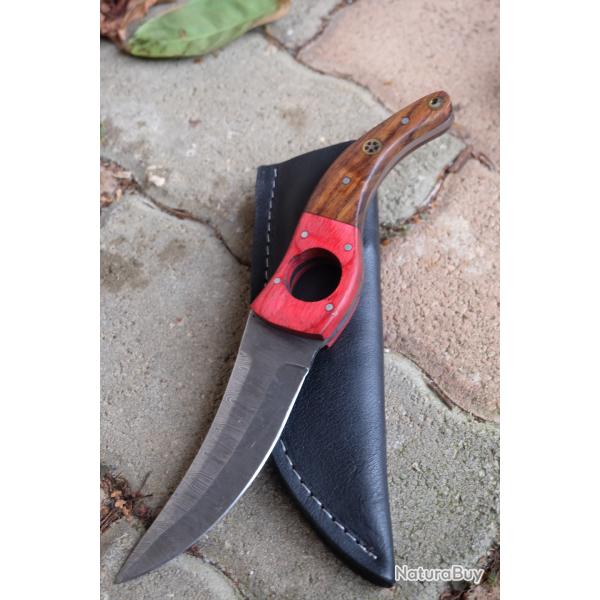 Couteau De Cuisine & Rando Lame Acier Damas 256 Couches Fa�on Huusk Manche Bois Etui Artisanale 01