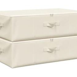 Bo&icirc;te rangement tissu polyester cr&egrave;me 70x40x18 cm pliable avec poign&eacute;e lot de 2