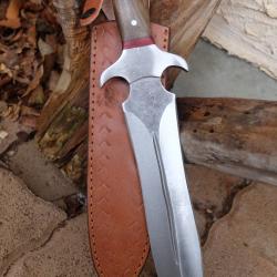 Poignard Grosse Dague Lame Acier Carbone 1055 Double Tranchant Manche Bois Etui Cuir Fab Artisanat