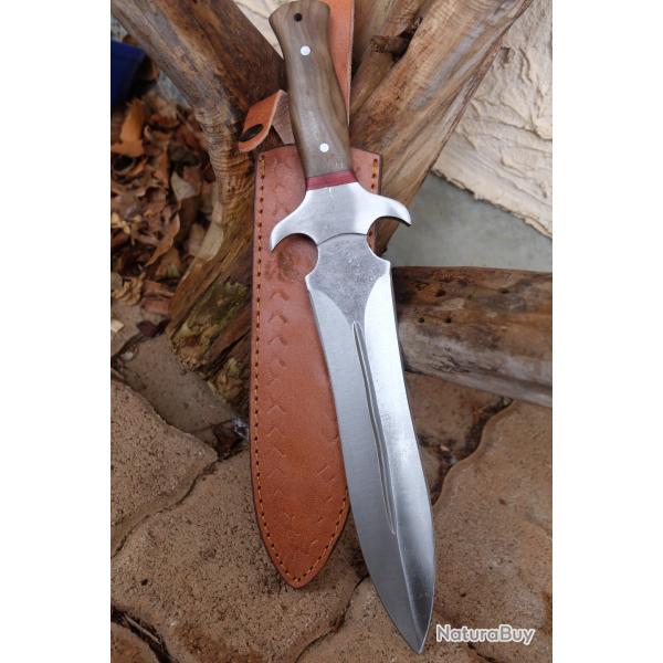 Poignard Grosse Dague Lame Acier Carbone 1055 Double Tranchant Manche Bois Etui Cuir Fab Artisanat