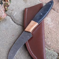 Couteau De Druide Lame Acier Damas 256 Couches Manche Bois Fab Artisanale Etui SImiliCuir