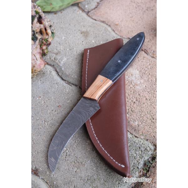 Couteau De Druide Lame Acier Damas 256 Couches Manche Bois Fab Artisanale Etui SImiliCuir