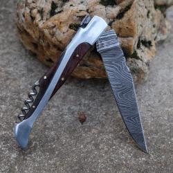 Couteau Damas Lame 128 Couches Fa&ccedil;on Laguiole Abeille Manche Bois/Acier Tire Bouchons F Artisanale01