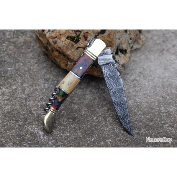 Couteau Damas Lame 128 Couches Fa�on Laguiole Abeille Manche 3 Bois Tire Bouchons Fabr Artisanale 01