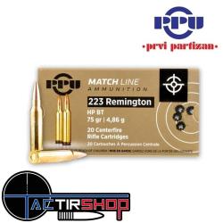 Munition PARTIZAN PPU Cal .223 Remington 75-Grs HPBT Match boite de 20