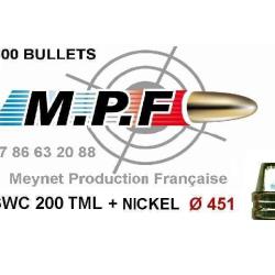 Balles MPF 45 SWC 200 Gr TMJE + Nickel &Oslash; 451" Ogives Cuivr&eacute;e + nickel / 1000 port offert