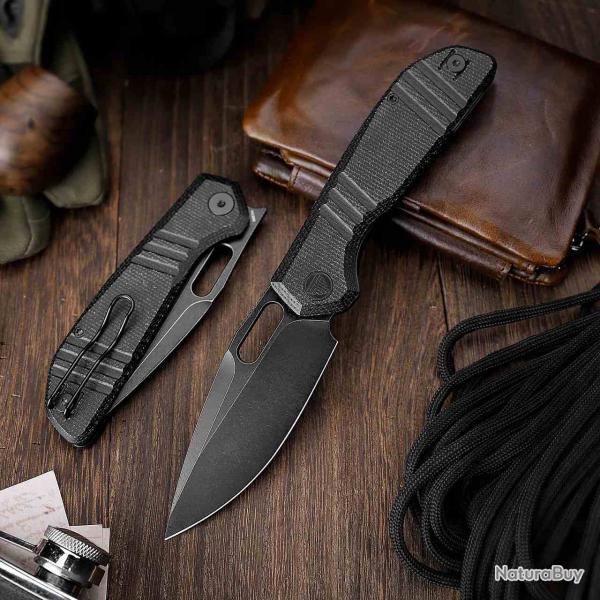Couteau Trivisa Gecko-BM Lame Acier 14C28N Noire Manche Black Micarta Linerlock TVJM04BM14