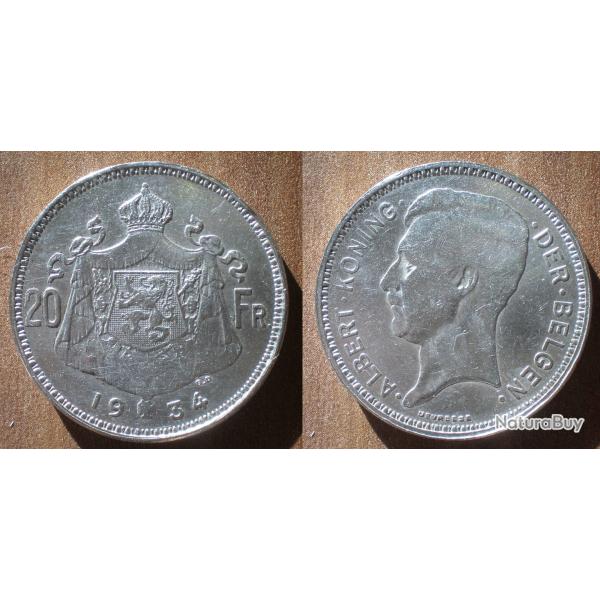 Belgique 20 Francs 1934 Argent Albert Roi Des Belges Piece Frcs Frs Frc
