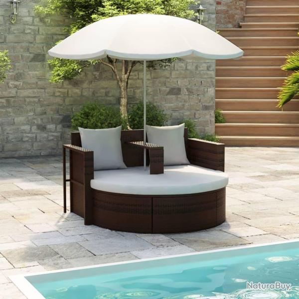 Lit de jardin avec parasol Marron R�sine tress�e