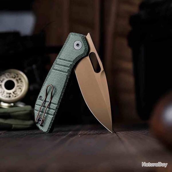 Couteau Trivisa Gecko-GM Lame Acier 14C28N Rose Gold PVD Manche Green Micarta Linerlock TVJM04GM14 -