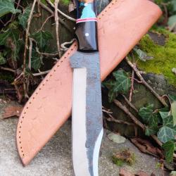 BIG Couteau Buscharft Survie Bowie Lame Clip Point Carbone 1075 Etui Cuir Manche R&eacute;sine Artisanale
