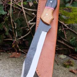 BIG Couteau Buscharft Survie Bowie Lame Clip Point Carbone 1075 Etui Cuir Manche Bois F Artisanat