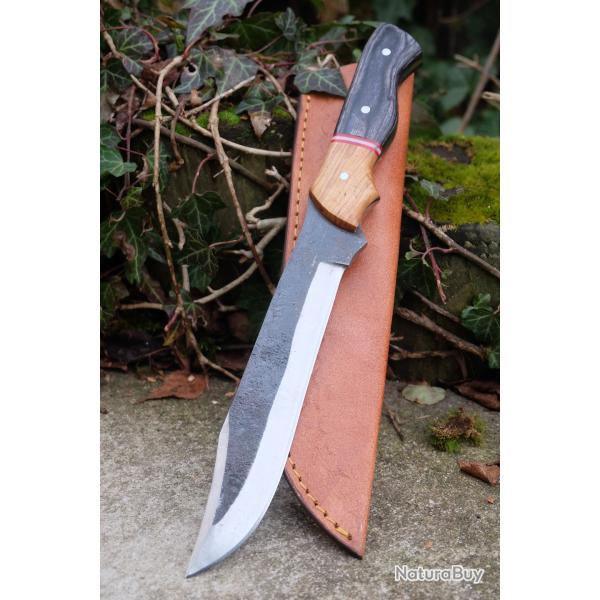BIG Couteau Buscharft Survie Bowie Lame Clip Point Carbone 1075 Etui Cuir Manche Bois F Artisanat