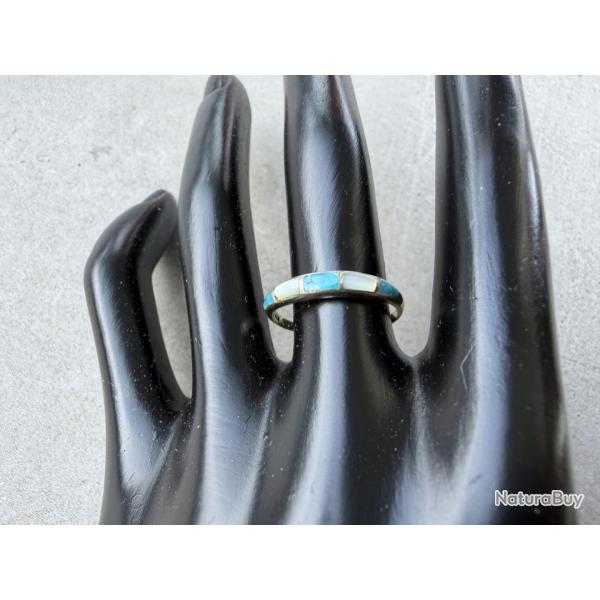 Bague argent - taille 55 - pierres turquoises et blanches