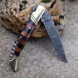 Couteau Damas Lame 128 couches Fa&ccedil;on Laguiole Abeille Manche Bois Marqueterie T-Bouchons Artisan