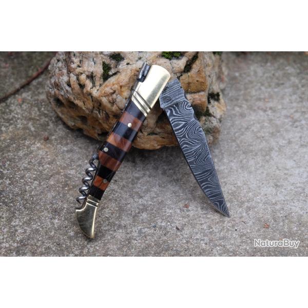 Couteau Damas Lame 128 couches Fa�on Laguiole Abeille Manche Bois Marqueterie T-Bouchons Artisan
