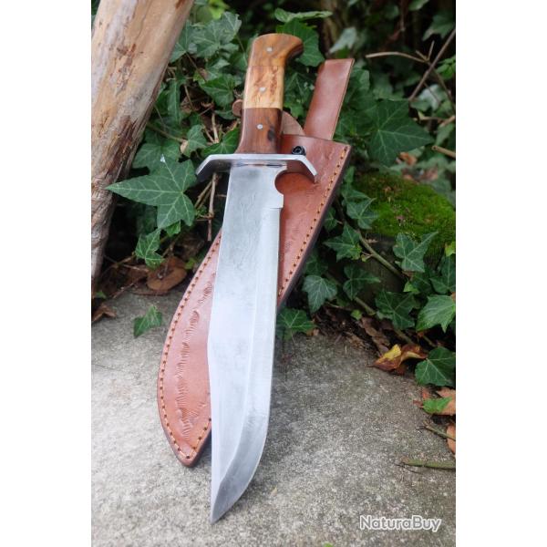 Poignard Bushcraft Couteau de Chasse Survie Lame Carbone 1055 Manche Bois/Acier Etui Cuir F Artisan