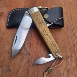 Gros et Solide Couteau de Chasse V&Eacute;RITABLE ISSARD 3 Pi&eacute;ces Manche en Bois de Cerf avec &Eacute;tui en cuir