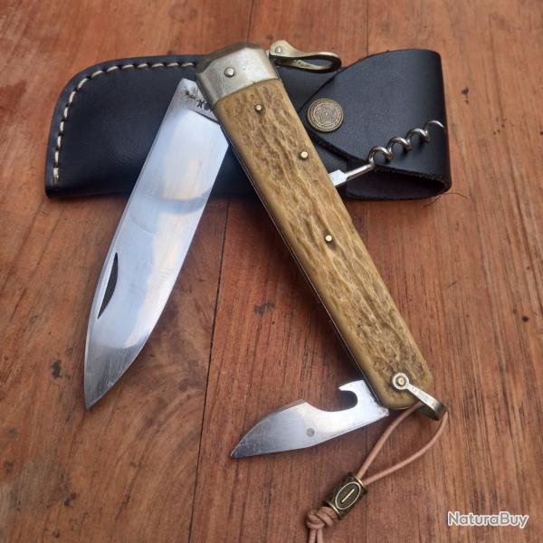 Gros et Solide Couteau de Chasse V�RITABLE ISSARD 3 Pi�ces Manche en Bois de Cerf avec �tui en cuir