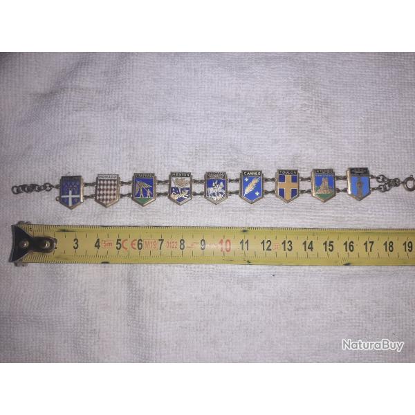 Bracelet souvenirs Blasons Juan les pins, Monaco, St Raphael, Menton, Sospel, Cannes