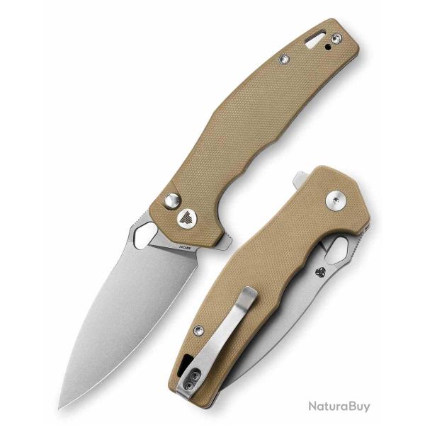 Couteau Trivisa Corvus-03N Lame Acier 14C28N Manche Tan G10 Button Lock IKBS TVTY20NG14