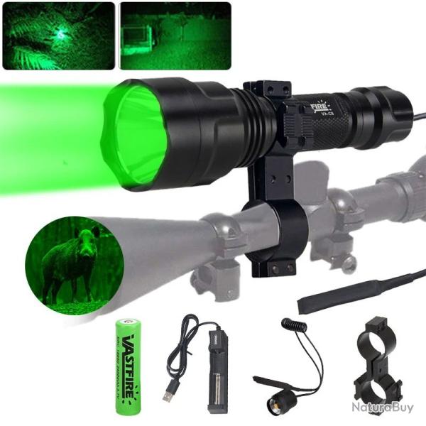 Lampe Tactique C8 Verte  800m LED avec Batterie 18650 Chargeur Support Fusil et Interrupteur D�port�